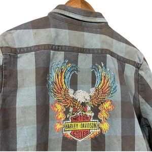 Harley-Davidson Plaid Shirt L Eagle Flames Embroidered Biker Button Up